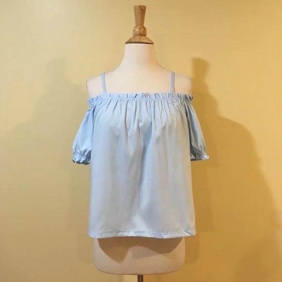 💥 CLEARANCE Ruffled Off Shoulder Cami Swing Blouse Baby Blue - Picture 4 of 6
